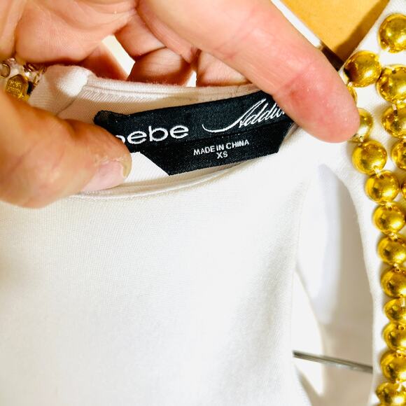 BEBE Addiction White Bodycon Mini with Gold Studded Shoulders XS - Picture 9 of 11